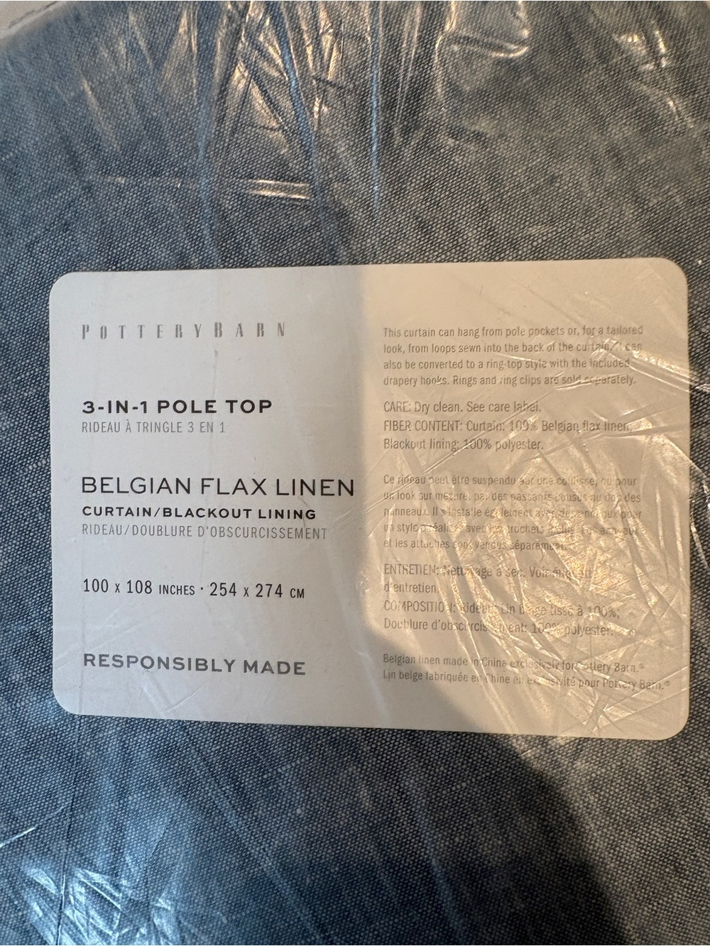 Pottery Barn Belgian Flax Linen Blackout Curtain 100x108” - Chambray Blue